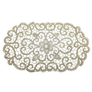 Vintage Battenberg Lace Doily Cream Ivory Oval Floral Scroll Handmade 8.5x5 Inch